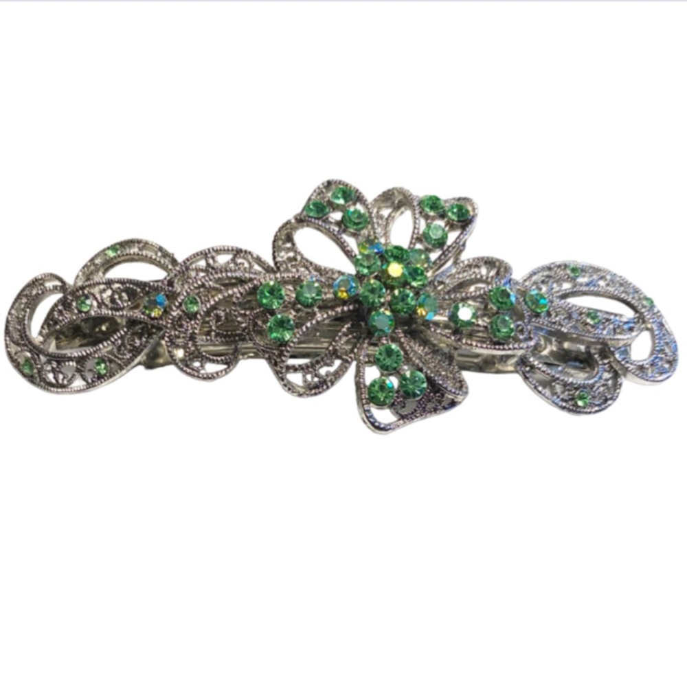 Silver Tone Floral & Crystal Statement Barrette